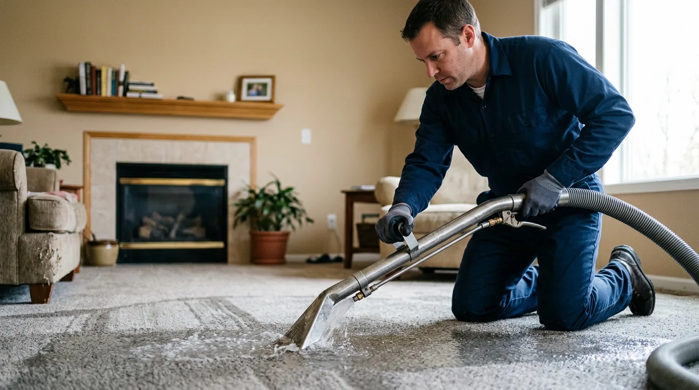Water damage restoration technician working near Gladstone, IL